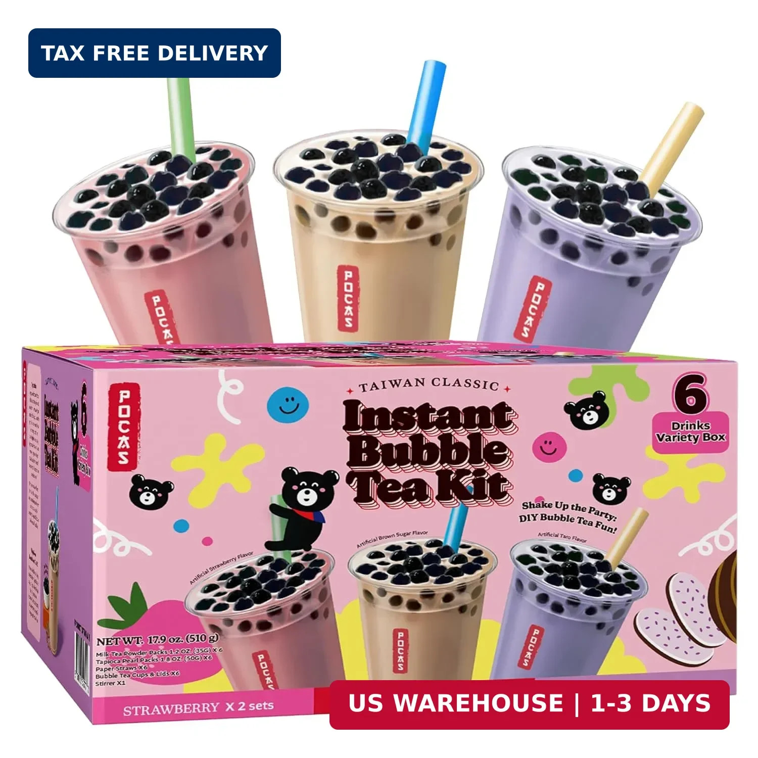 Pocas Bubble Tea Kit, Variety 6-Pack Party Set – Strawberry, Taro, and Brown Sug