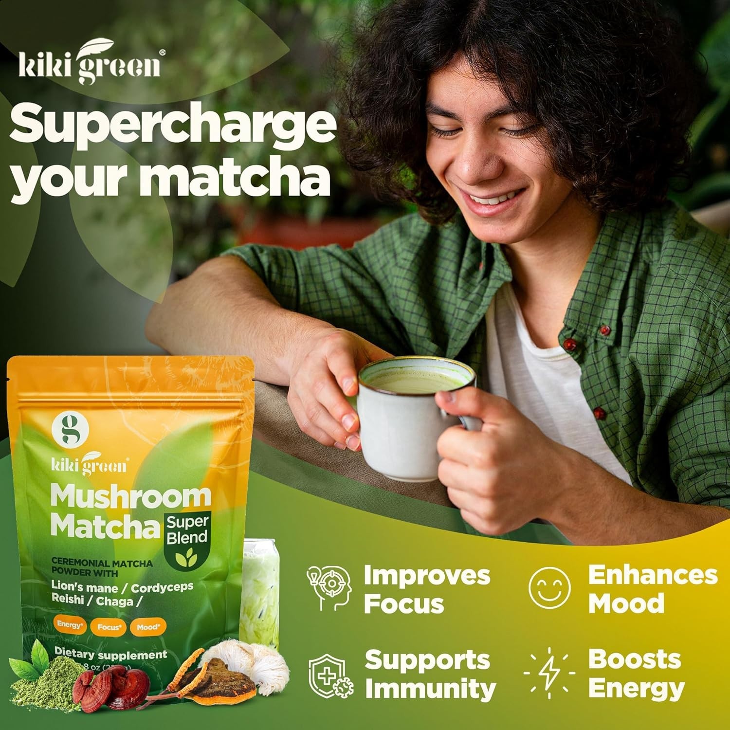 KIKI Green Mushroom Matcha Super Blend – Matcha Powder with Lion’s Mane, Chaga,
