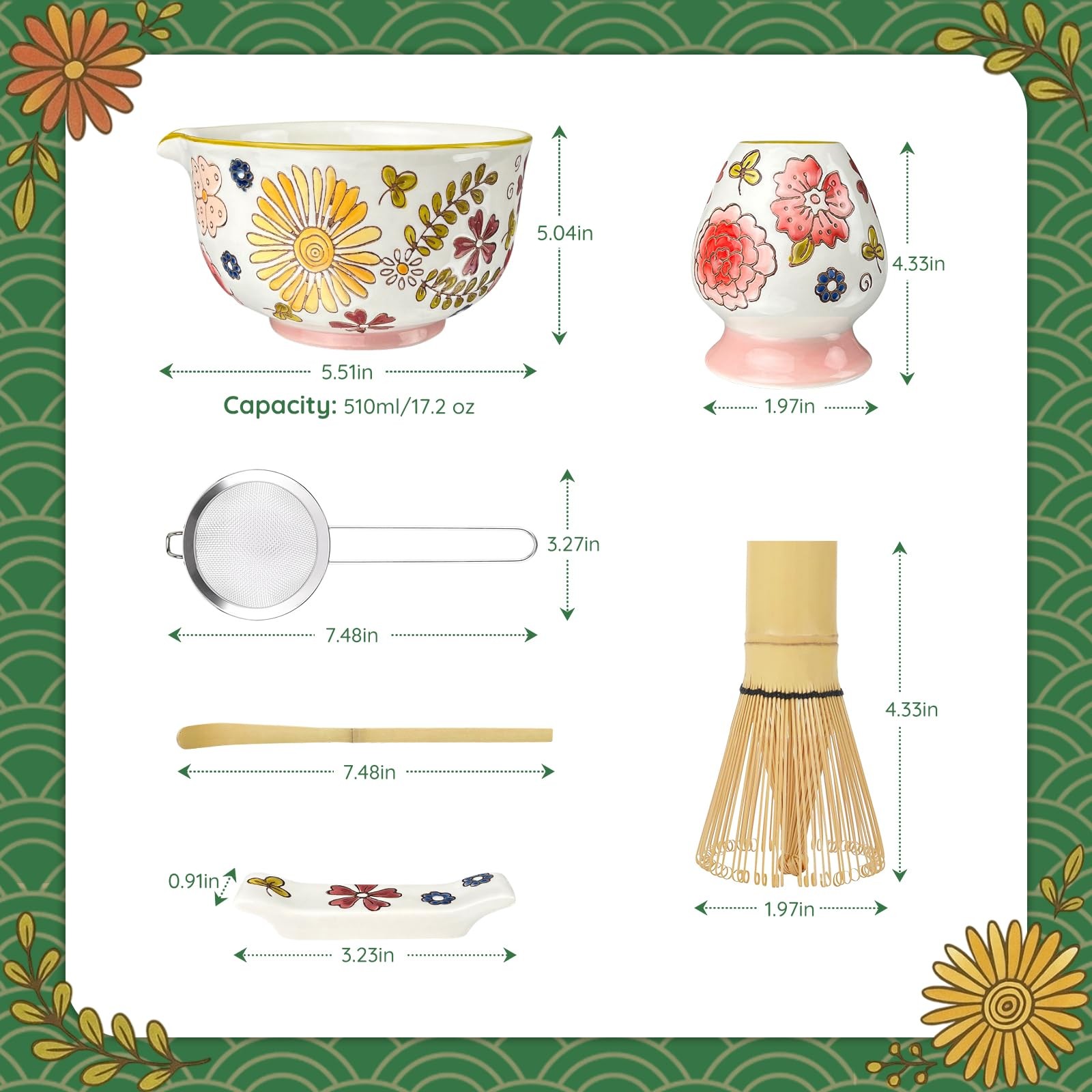 Hand-Painted Floral Matcha Ceremony Set 6PCS Matcha Whisk and Bowl Matcha Whi…