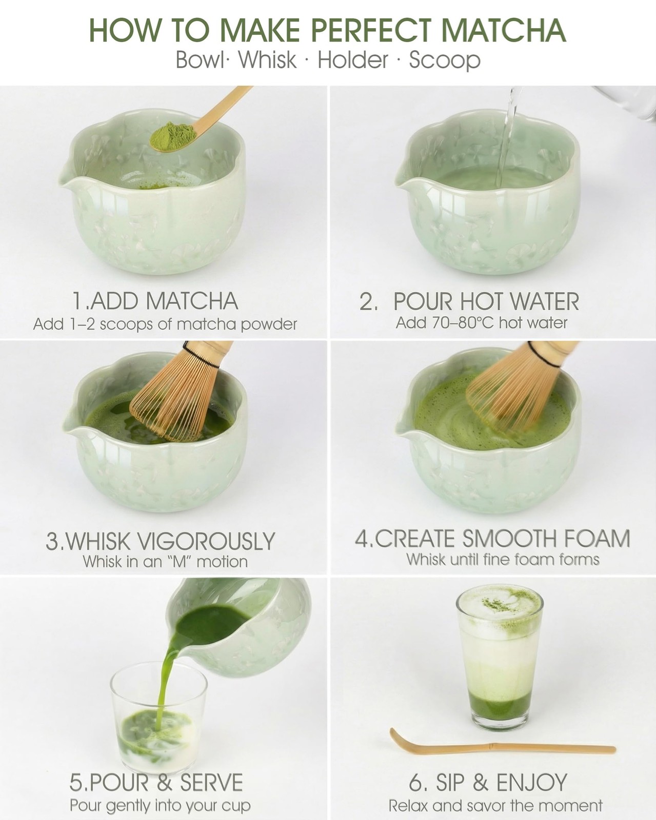 Matcha Whisk Set, 4-Piece Kit with 100-Prong Bamboo Whisk & Ceramic Bowl