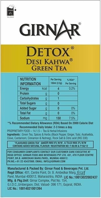 Girnar Kahwa Green Tea 36 Bags 90g Herbal Spiced Detox Tea