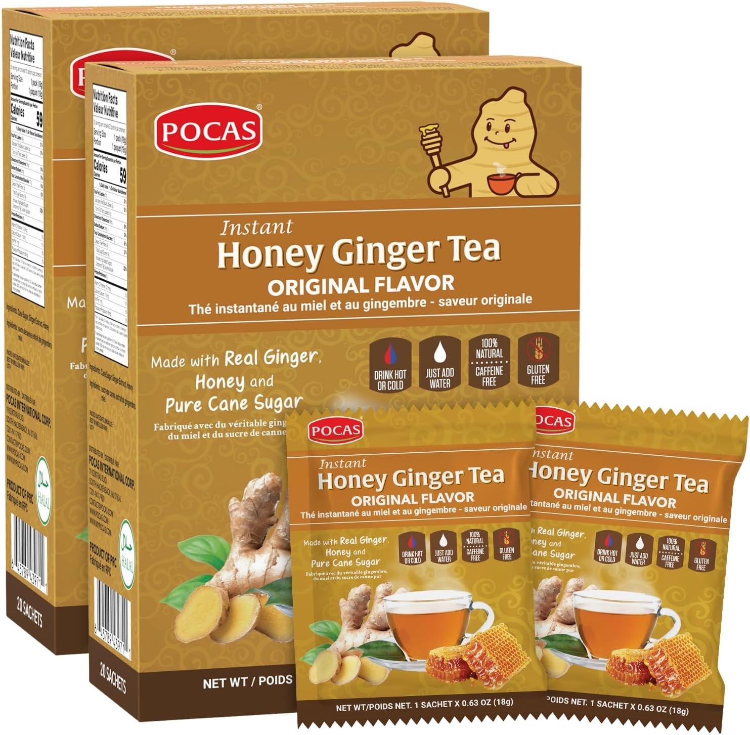 Delicious Caffeine-Free Honey Ginger Tea: 2-Pack Instant Crystals, 20 Count