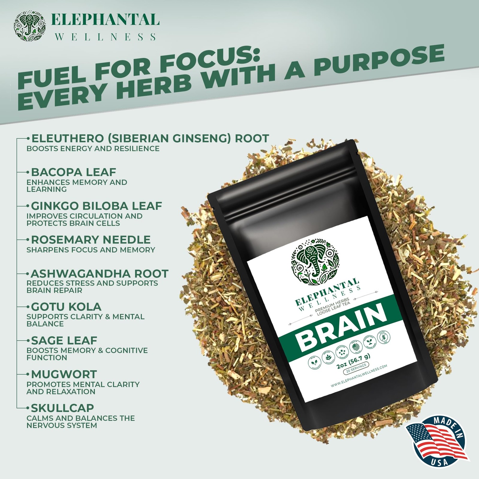 Premium Brain Herbal Tea | Nootropic Focus & Mental Clarity with Ginkgo, Baco…