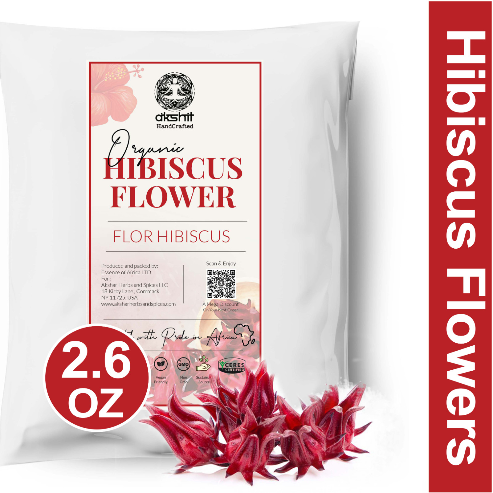 Dried Hibiscus Flower, Flor De Jamaica, Hibiscus Tea, Caffeine Free, 2.6oz