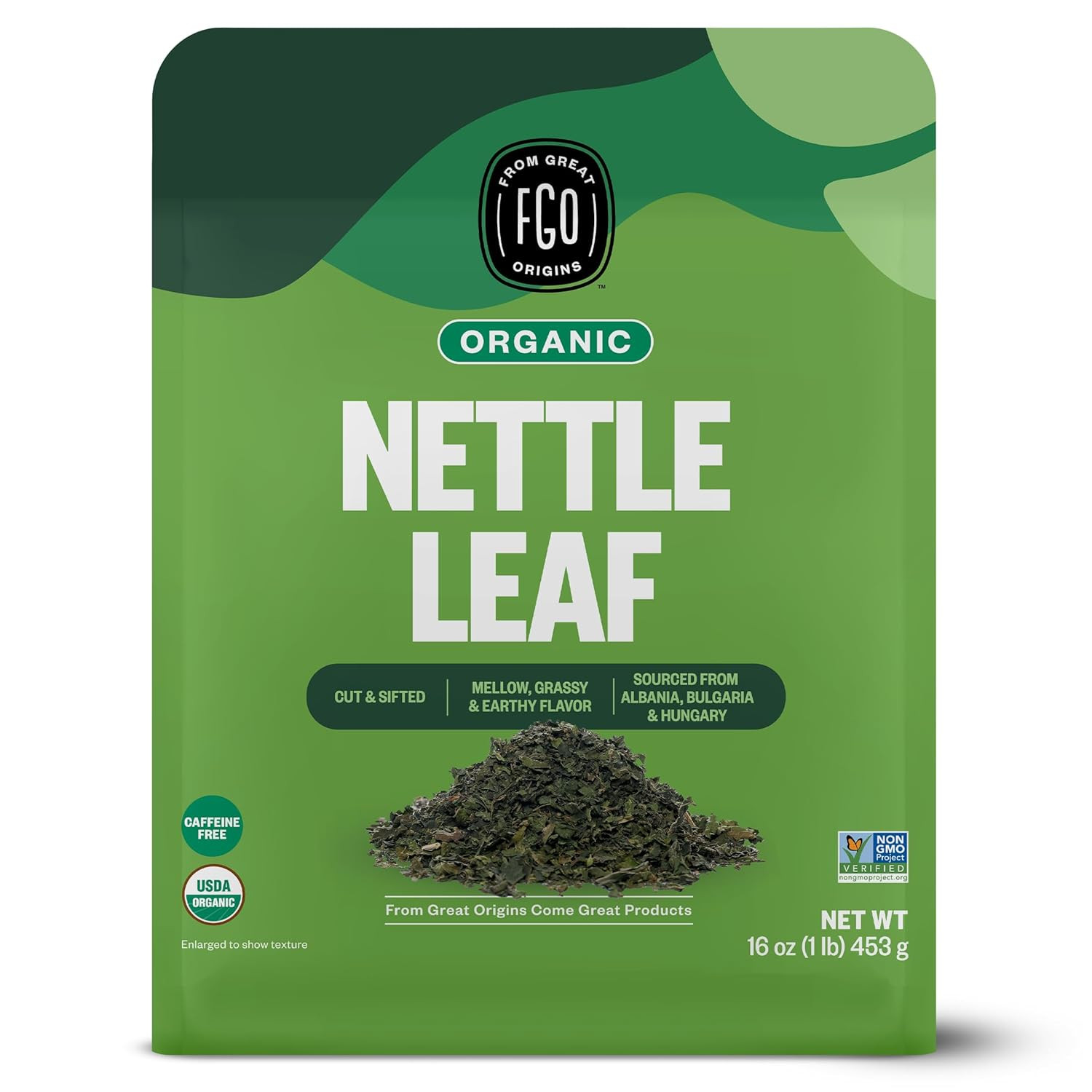 FGO Organic Nettle Leaf Loose Tea, Cut and Sifted, Caffeine Free, 16Oz Bulk Rese