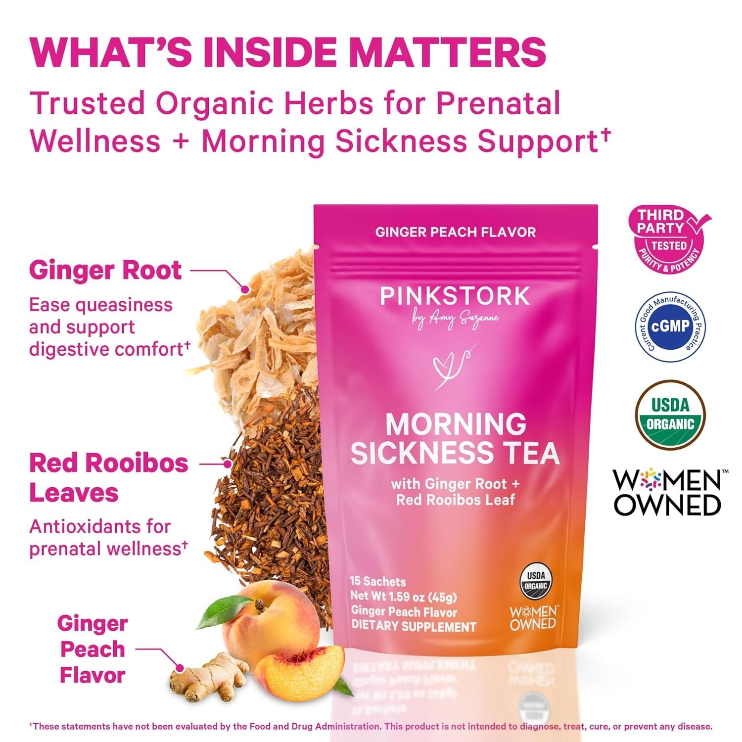 Organic Morning Sickness Tea with Ginger-Peach Flavor – 15 Sachets for Pregnancy