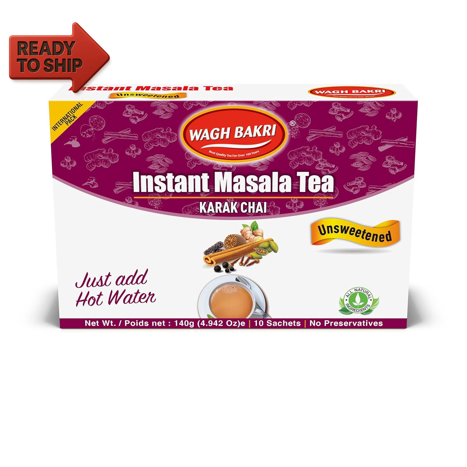 Wagh Bakri Instant Masala Tea, Unsweetened No Sugar Added, Karak Chai – 140Gram