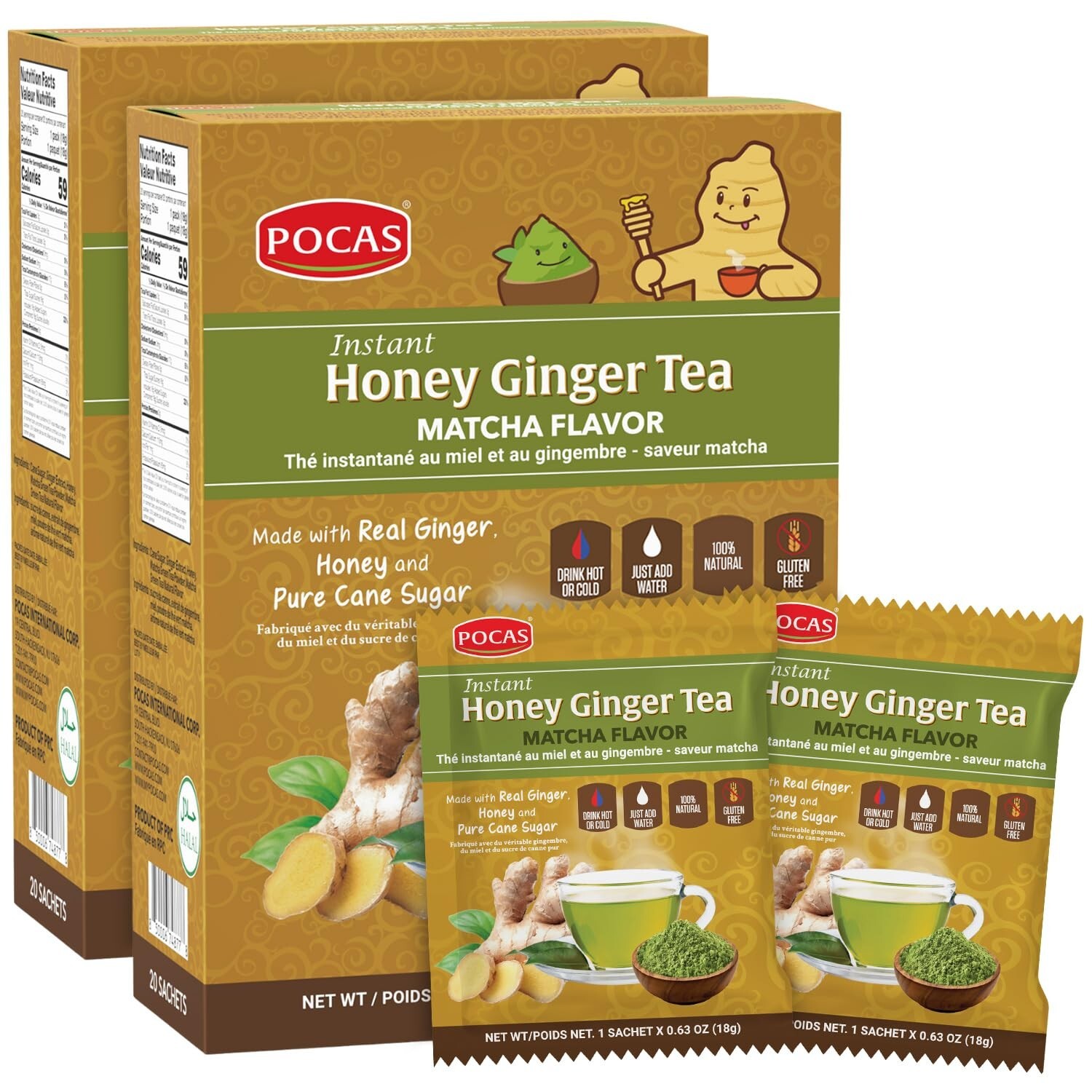 Pocas Honey Ginger Tea Matcha Instant Non GMO Gluten Caffeine Free 20 Ct 2 Boxes