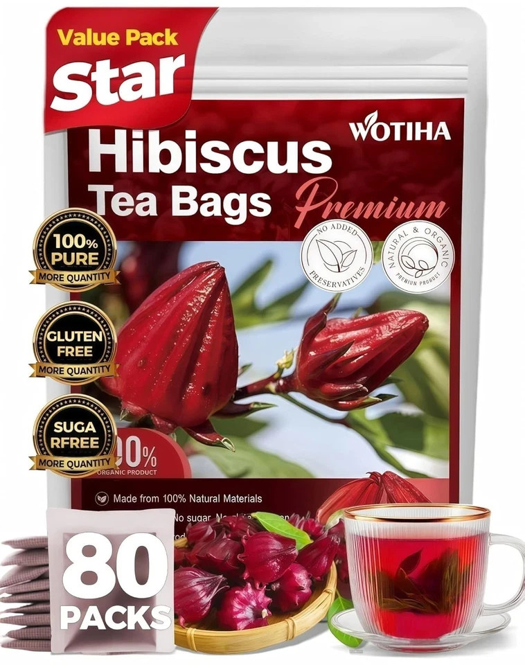 Premium 80 Hibiscus Flowers Tea Bags, 100% Natural, Handmade & Pure from Hibi