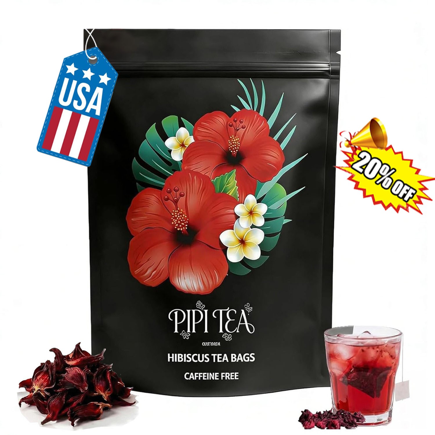 PiPi Tea Organic Hibiscus Tea Bags, Natural Caffeine-free, Hibiscus Flower Tea