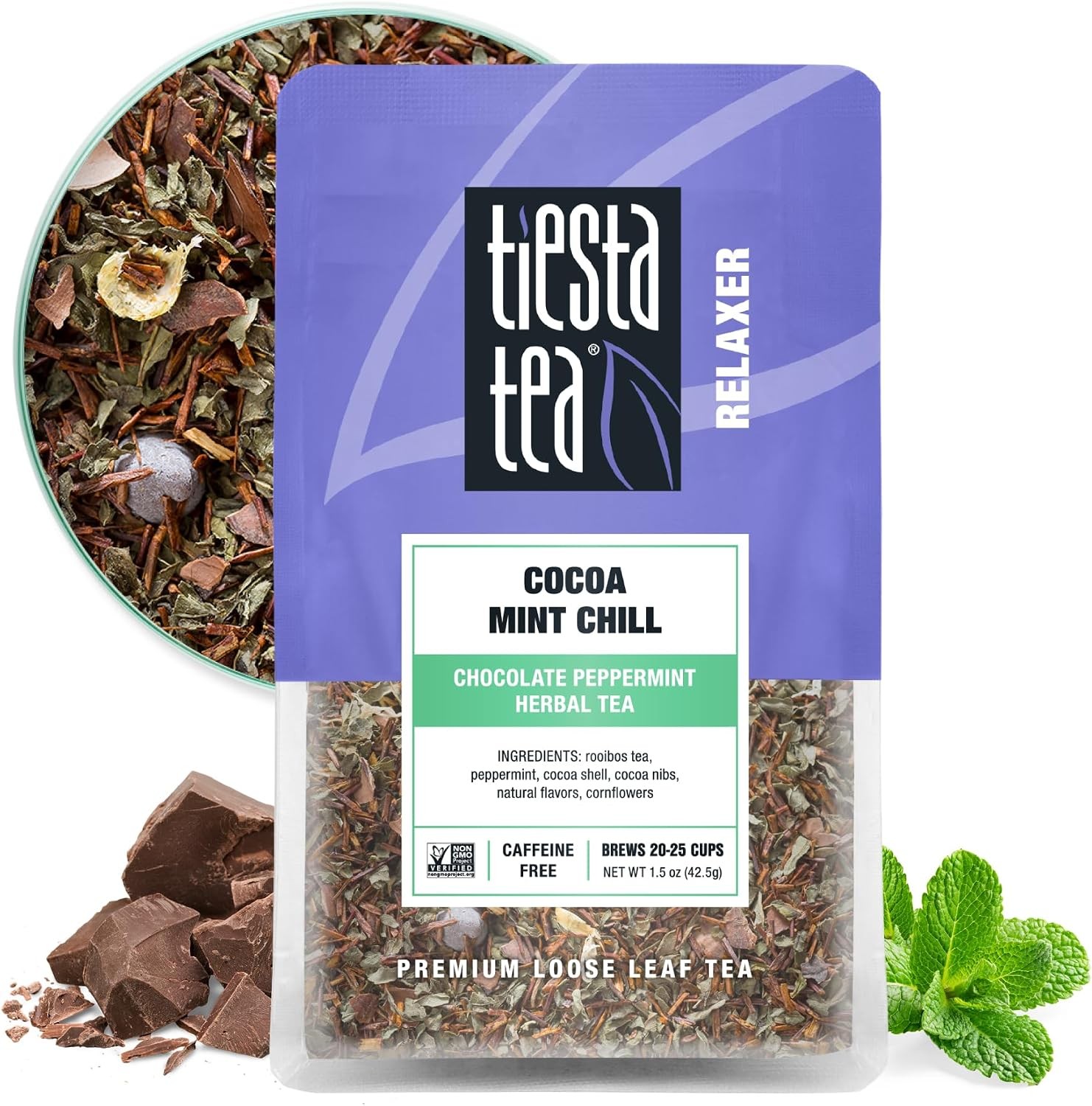 Cocoa Mint Chill Loose Leaf Tea, Chocolate Peppermint Herbal Rooibos Blend,