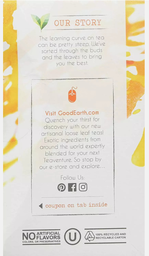 Organic Sweet & Spicy Herbal Caffeine Free Good Earth Teas 18 Tea Bag Pack of 2