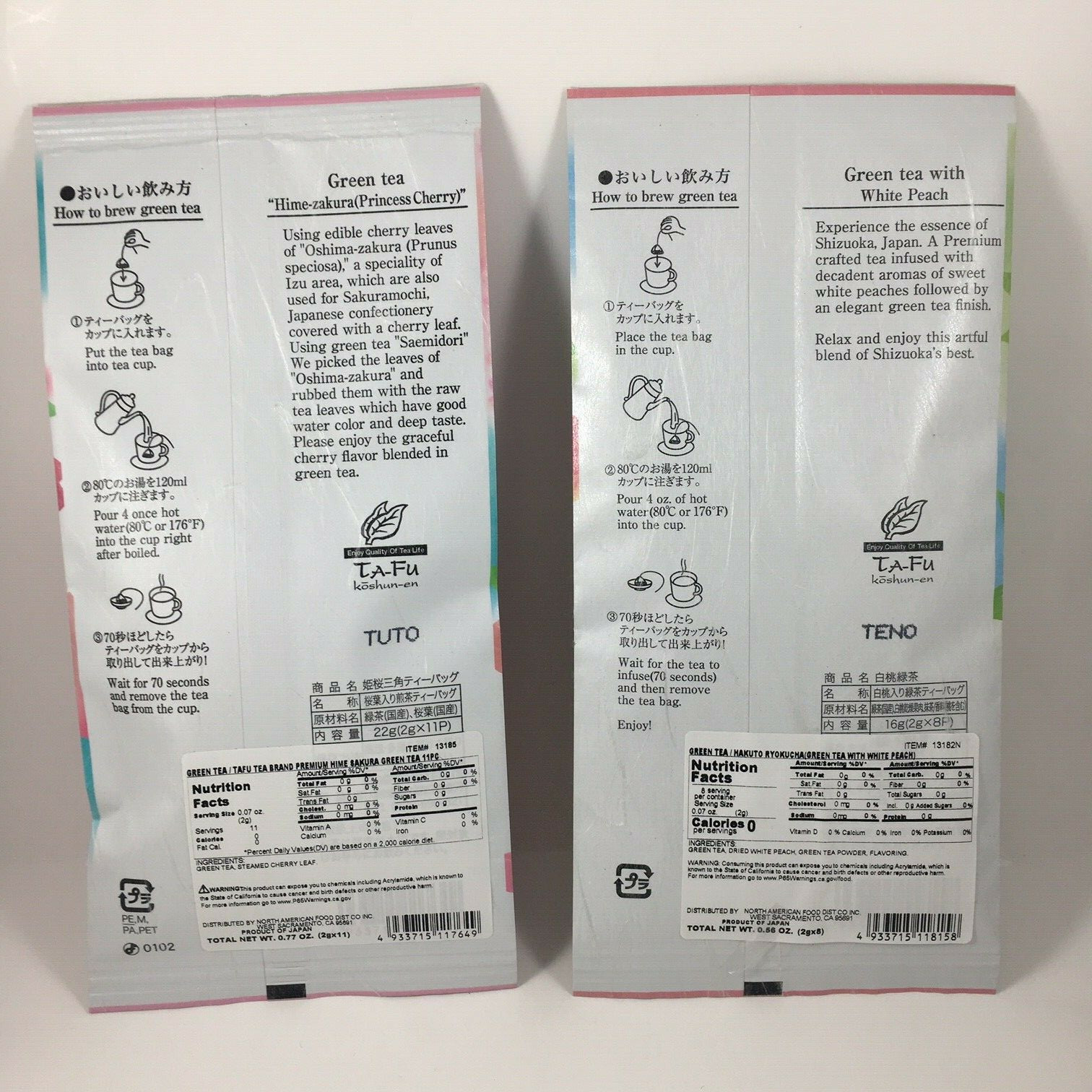 Set of 2 PACK Japanese TA-FU Premium Green Tea Bags Cherry & Peach Made in Japan