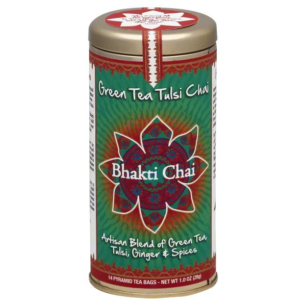 Uplifting Green Tea Tulsi Bhakti Chai-Organic, Fair Trade,Vegan, 14 Pyramid bags