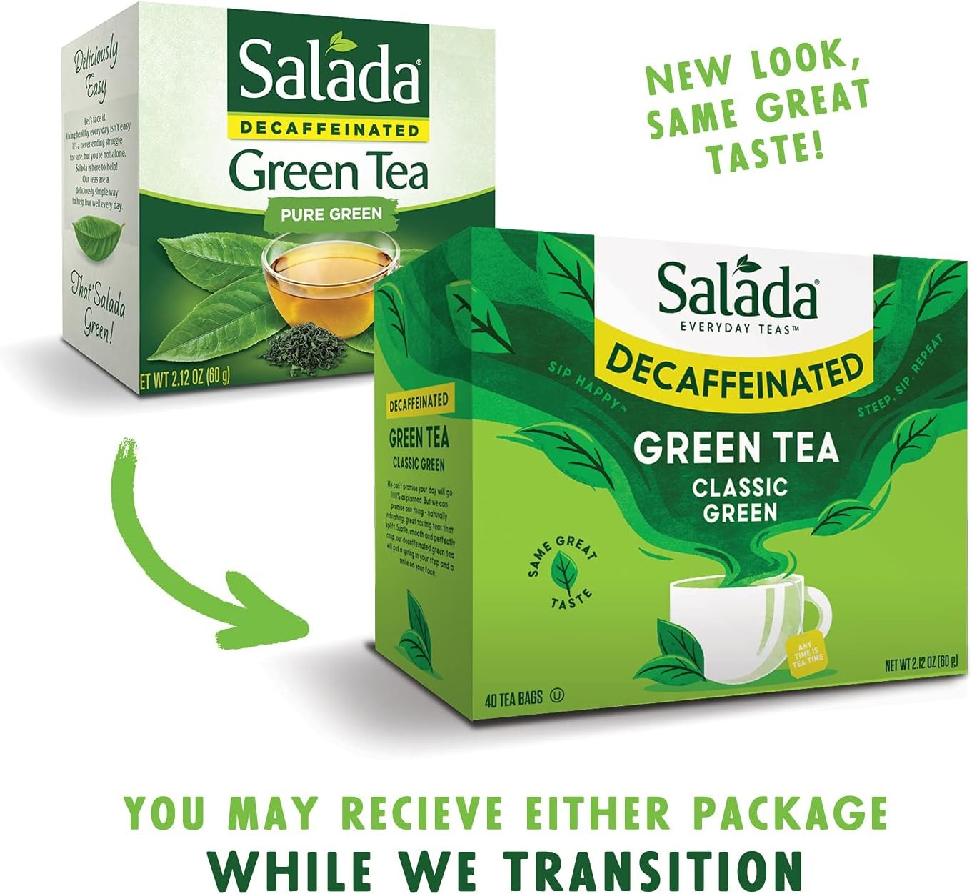 Green Tea Decaffeinated with 40 Individually Wrapped Tea Bags Contains Caffeine