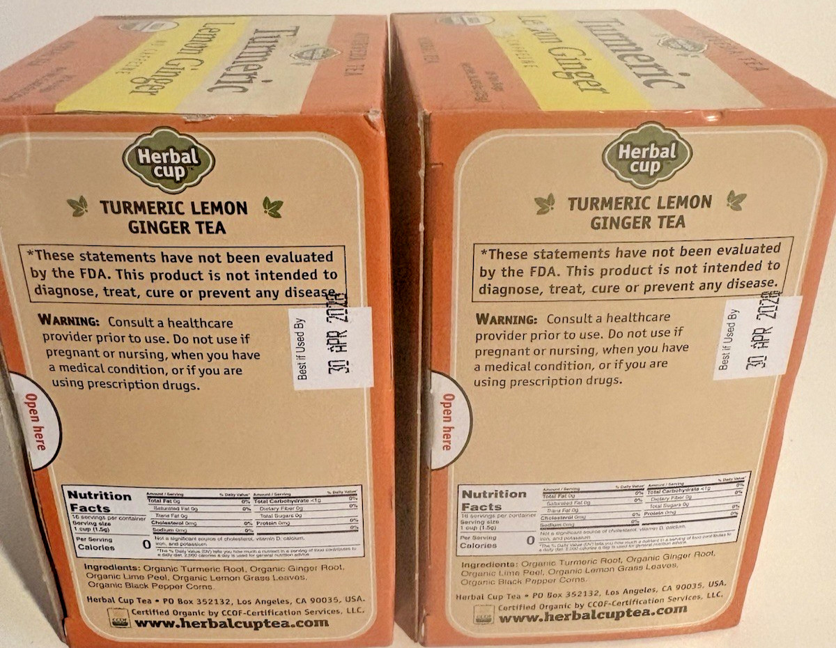 2-Pack Herbal Cup Ayurveda Turmeric Tea, Organic Lemon Ginger No Caffeine NEW