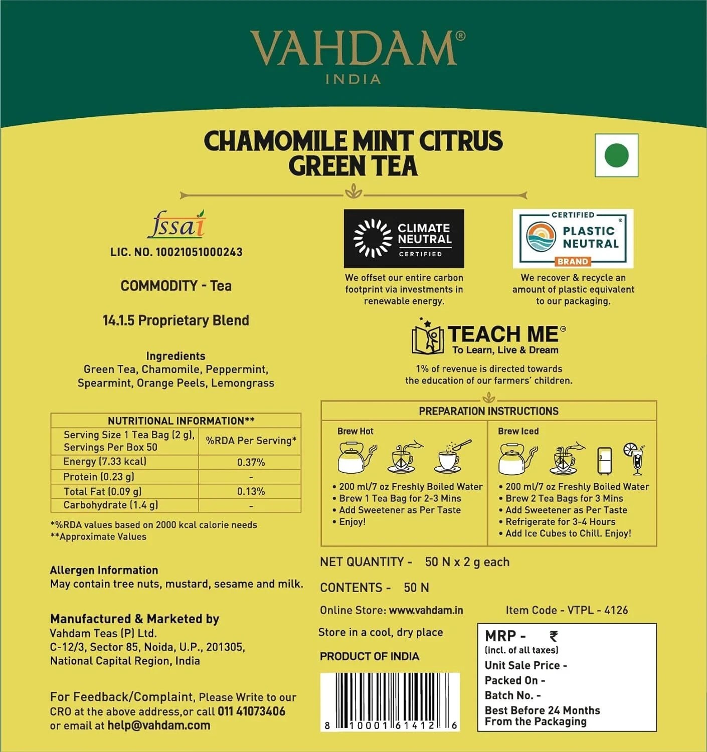 Vahdam Chamomile Mint Citrus Green Tea 50 Bags