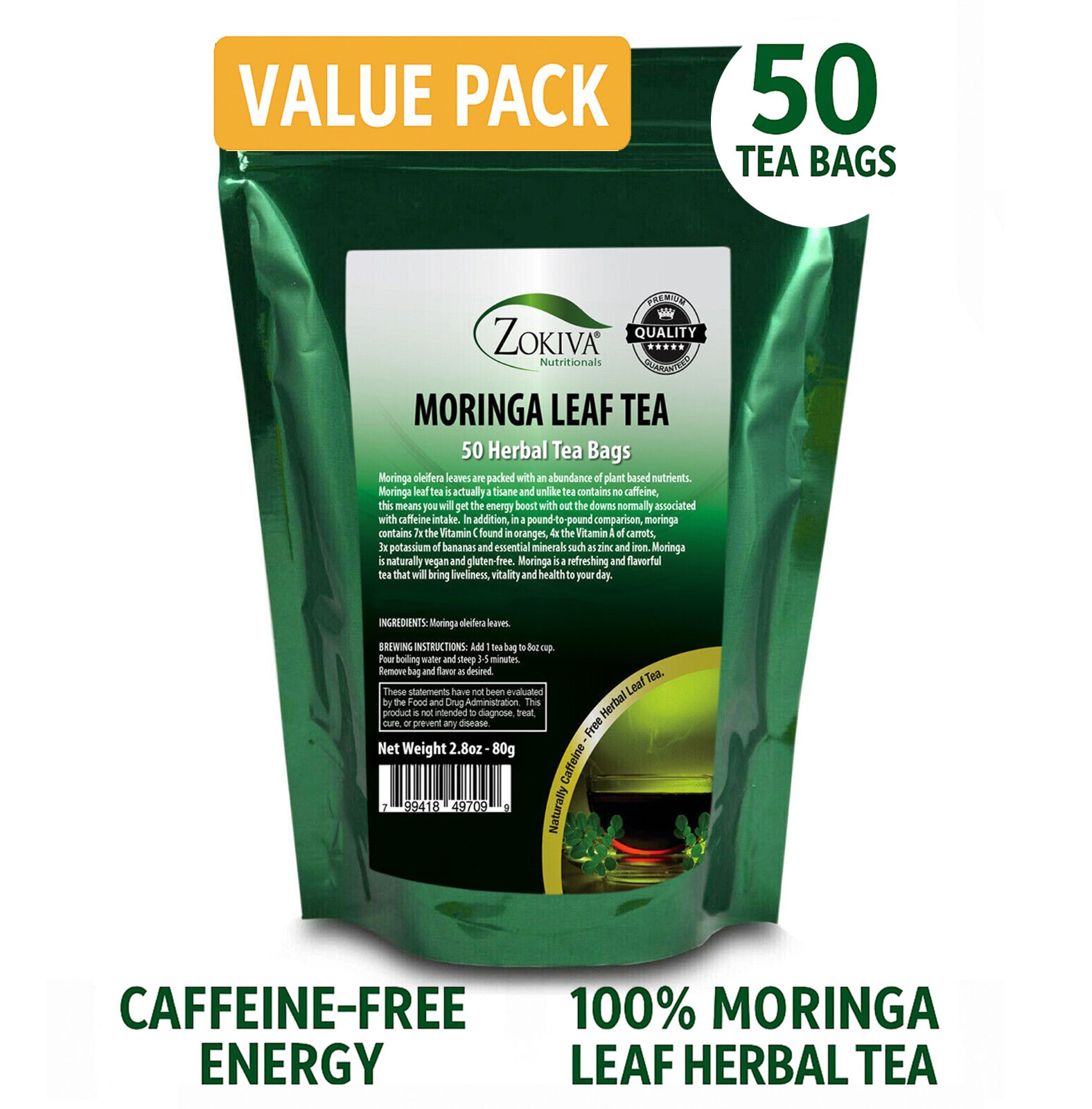 Zokiva Moringa Leaf Tea 50 Bags | Herbal Caffeine-Free Superfood Immune Support