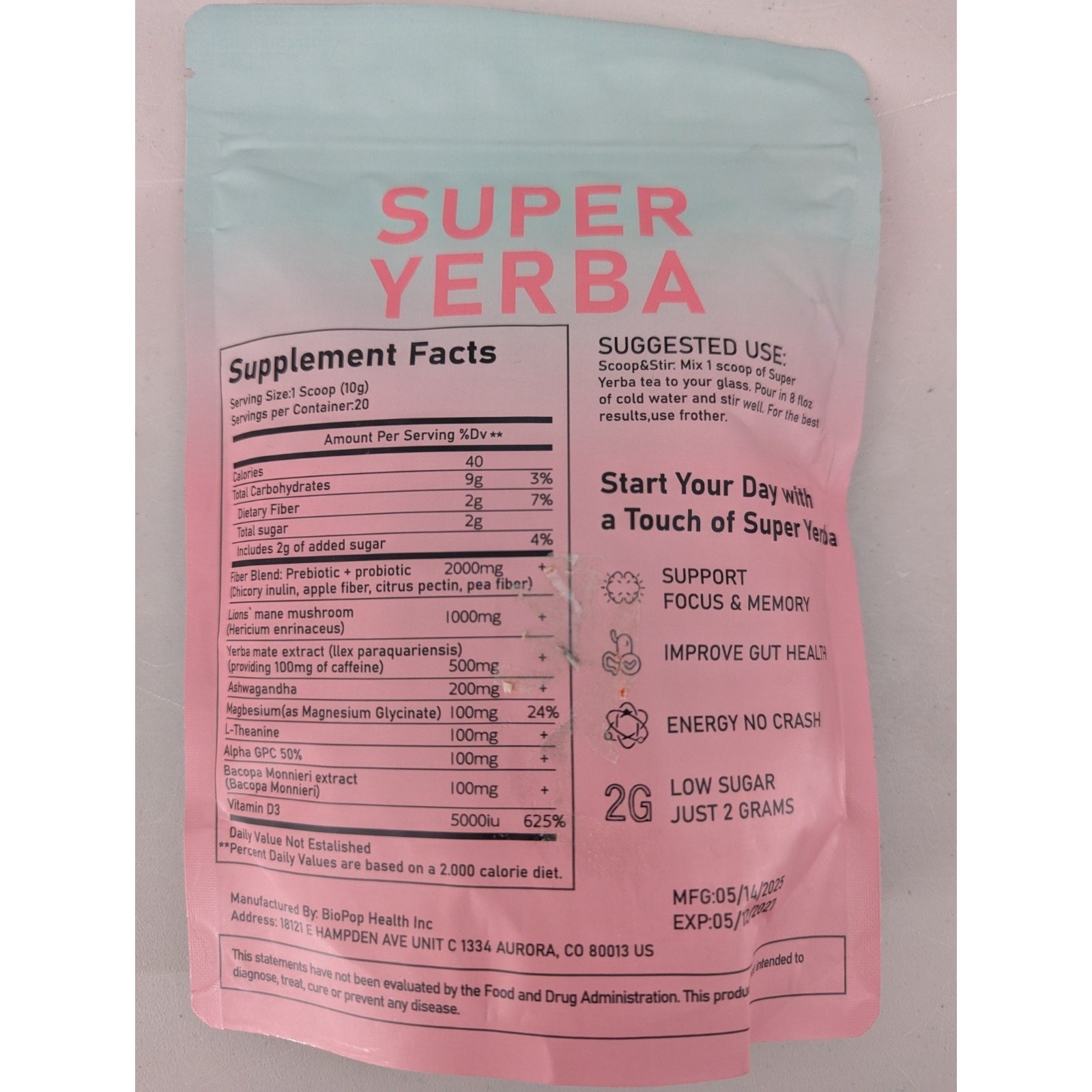 Zooone Super Yerba Instant Powder Raspberry Lemonade 20 Servings Each Exp 5/27