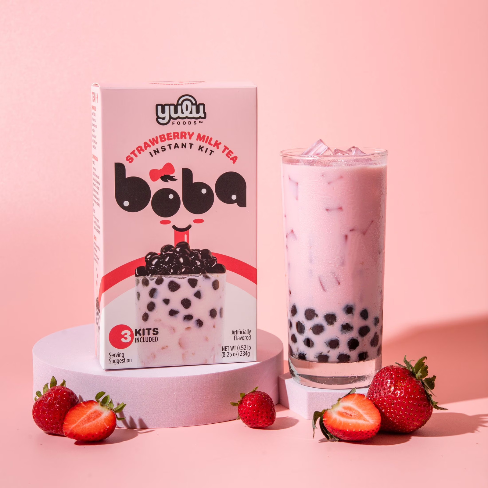 Yulu Foods Instant Boba Strawberry Milk Tea, Bubble Tea Kit, 3 Drinks