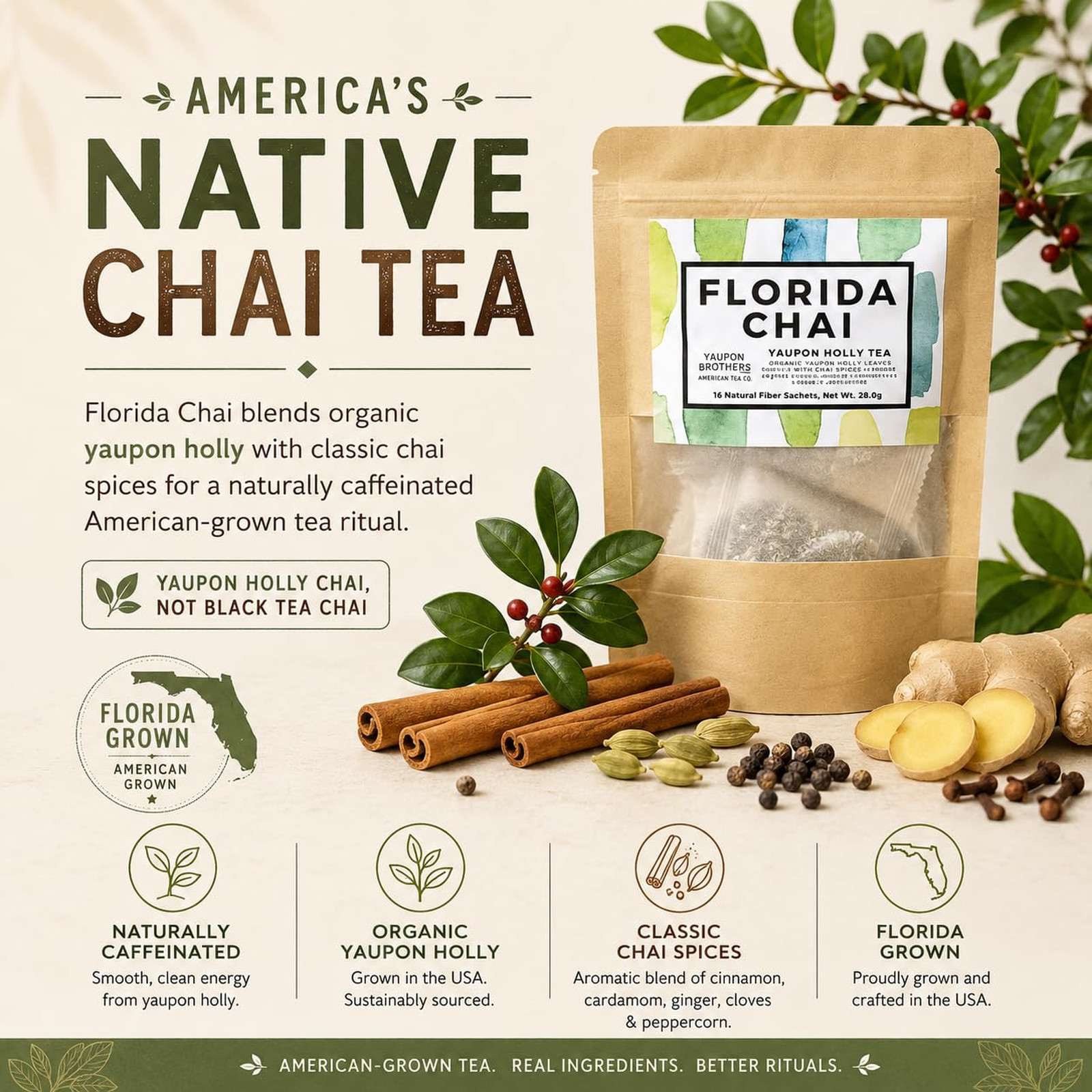 Yaupon Tea Bags, Organic Chai Tea, Eco-Friendly 16 Pack, Antioxidant Rich