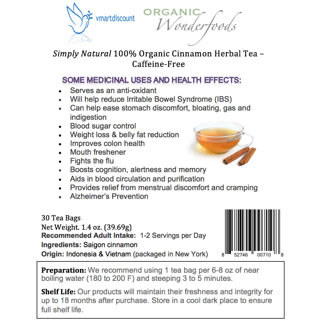 Organic Cinnamon Herbal Tea Te de Canela 30 Tea Bags Caffeine Free 100% Natural