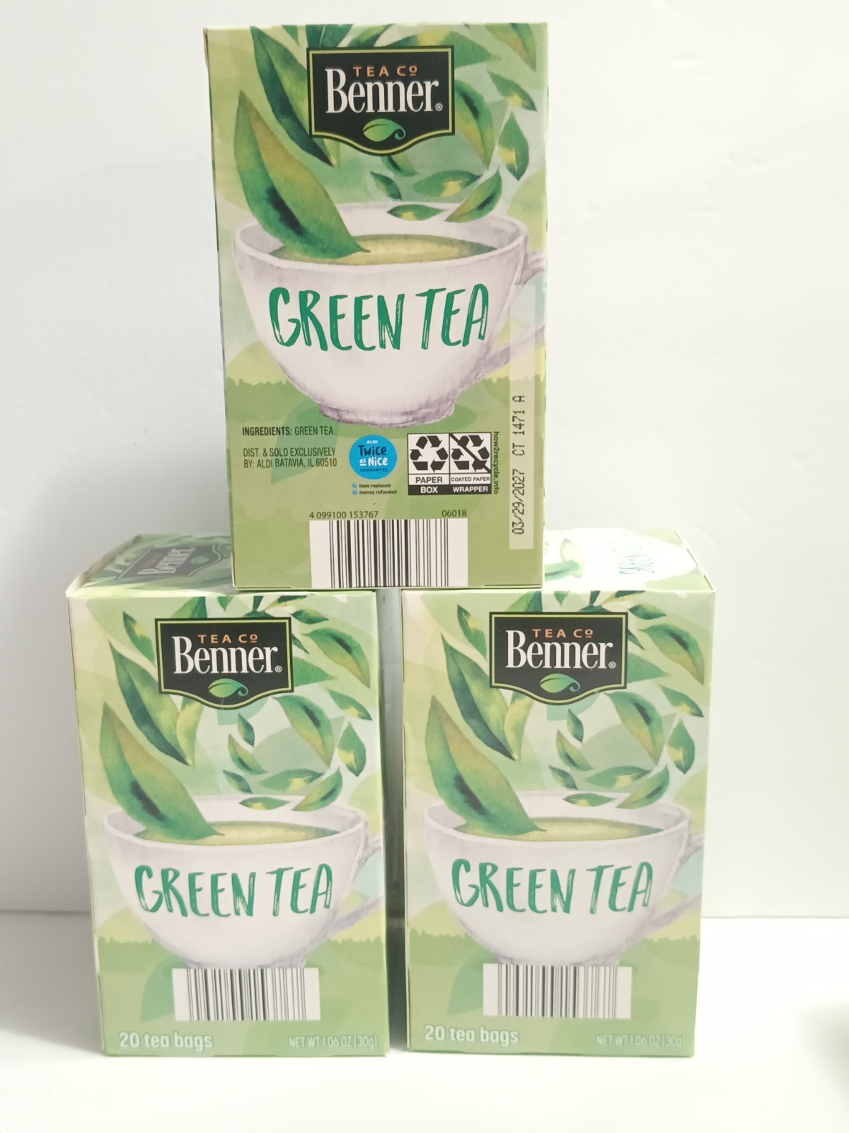 Benner Green Tea 60 bags ( 20 Bags Each Pack) 3/29/27 Net Wt 1.06oz