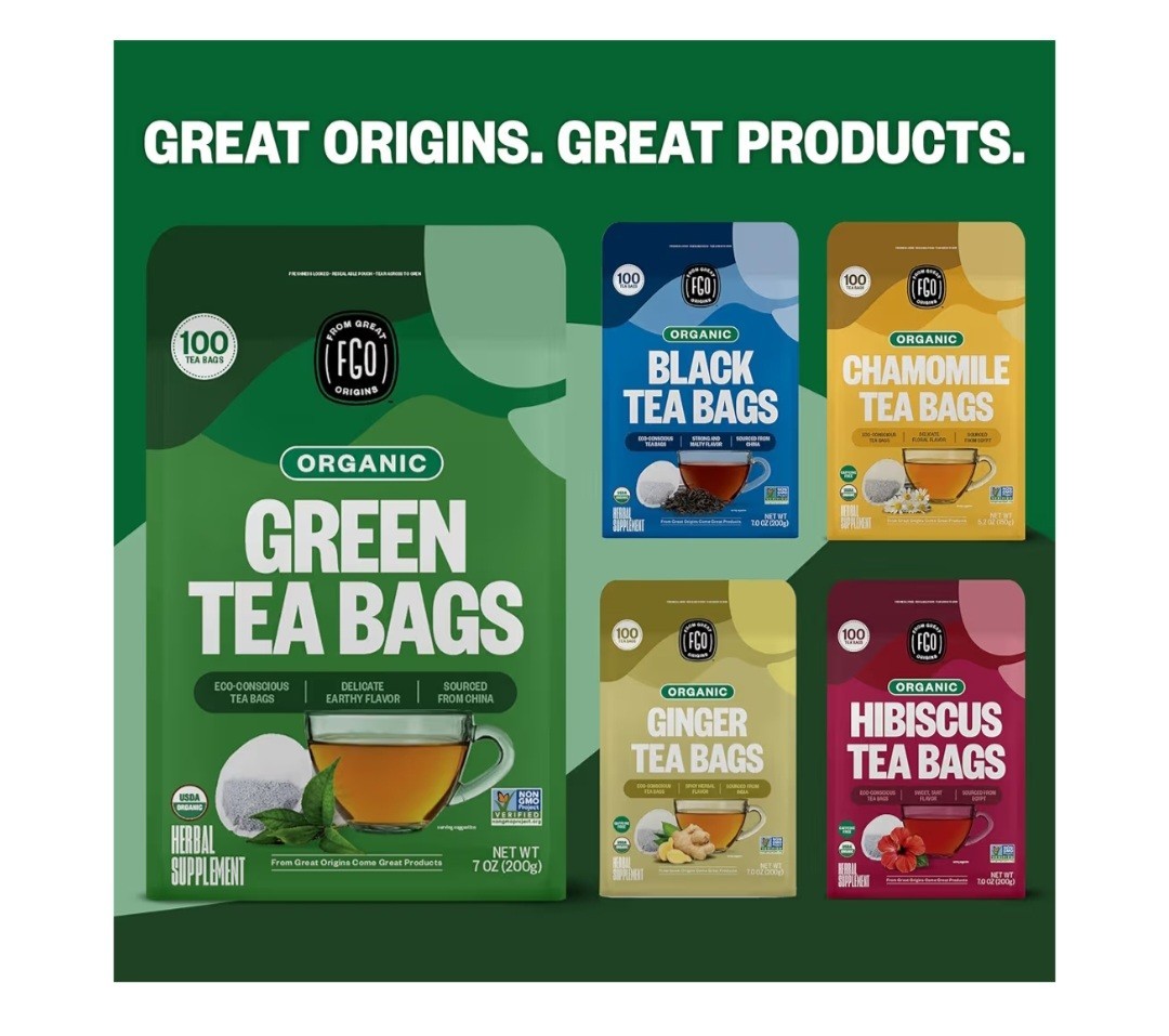FGO Organic Green Tea Bags Bagged USDA Organic Non-GMO 100 Count 7oz 200g