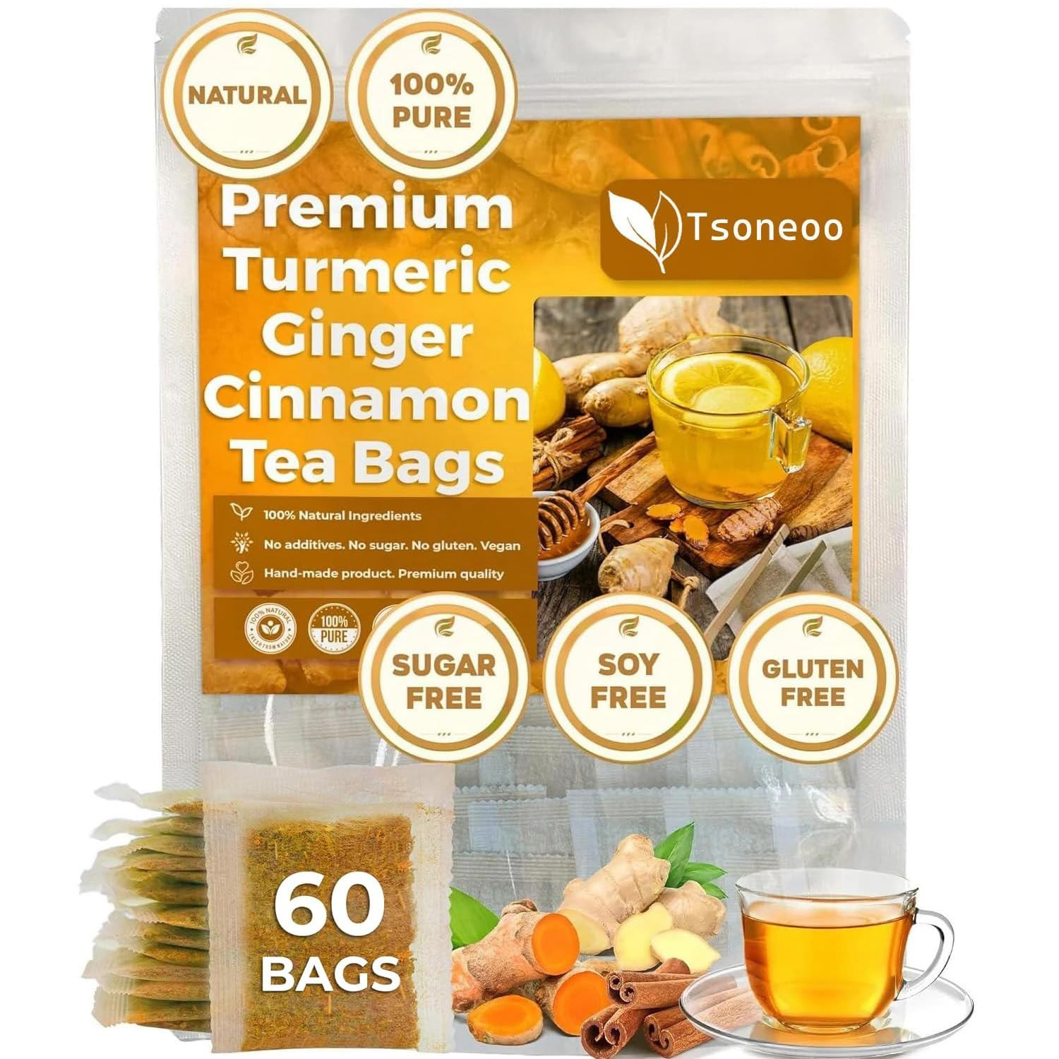 Premium Turmeric, Ginger, Cinnamon Blend Tea Bags, 100% Natural & No Additives &