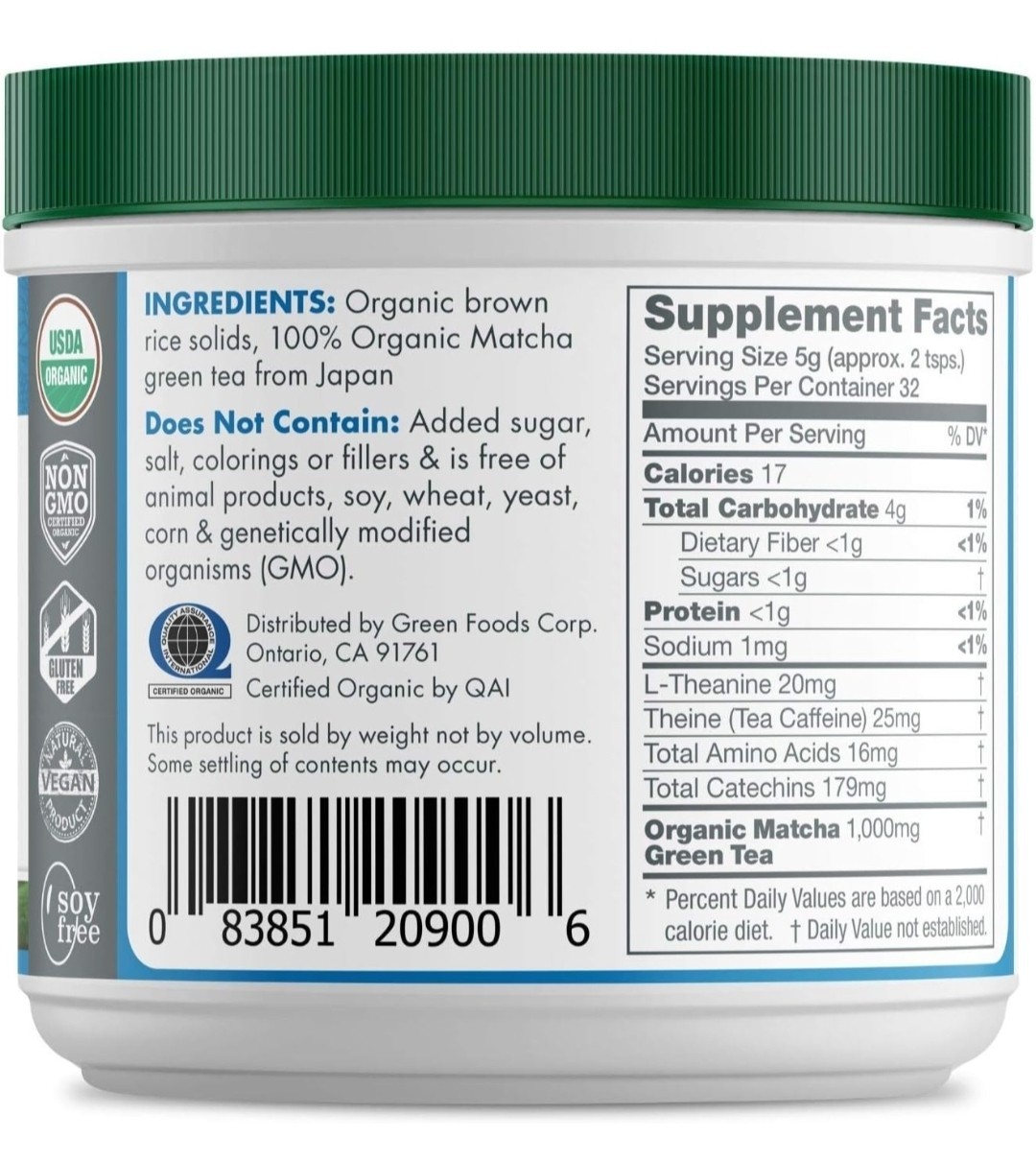 Green Foods Organic Ceremonial Grade Matcha Green Tea fJapan 5.5oz