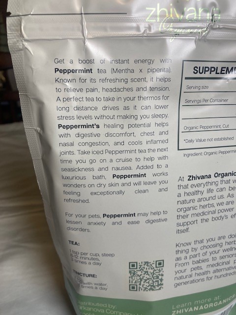 6 Bags sale ! Zhirvana Organic Loose leaf Peppermint tea. For Digestive,etc.
