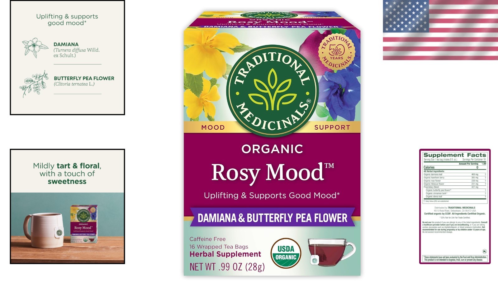 Organic Uplifting Tea – Rosy Mood with Damiana & Butterfly Pea Flower, 16 Bags