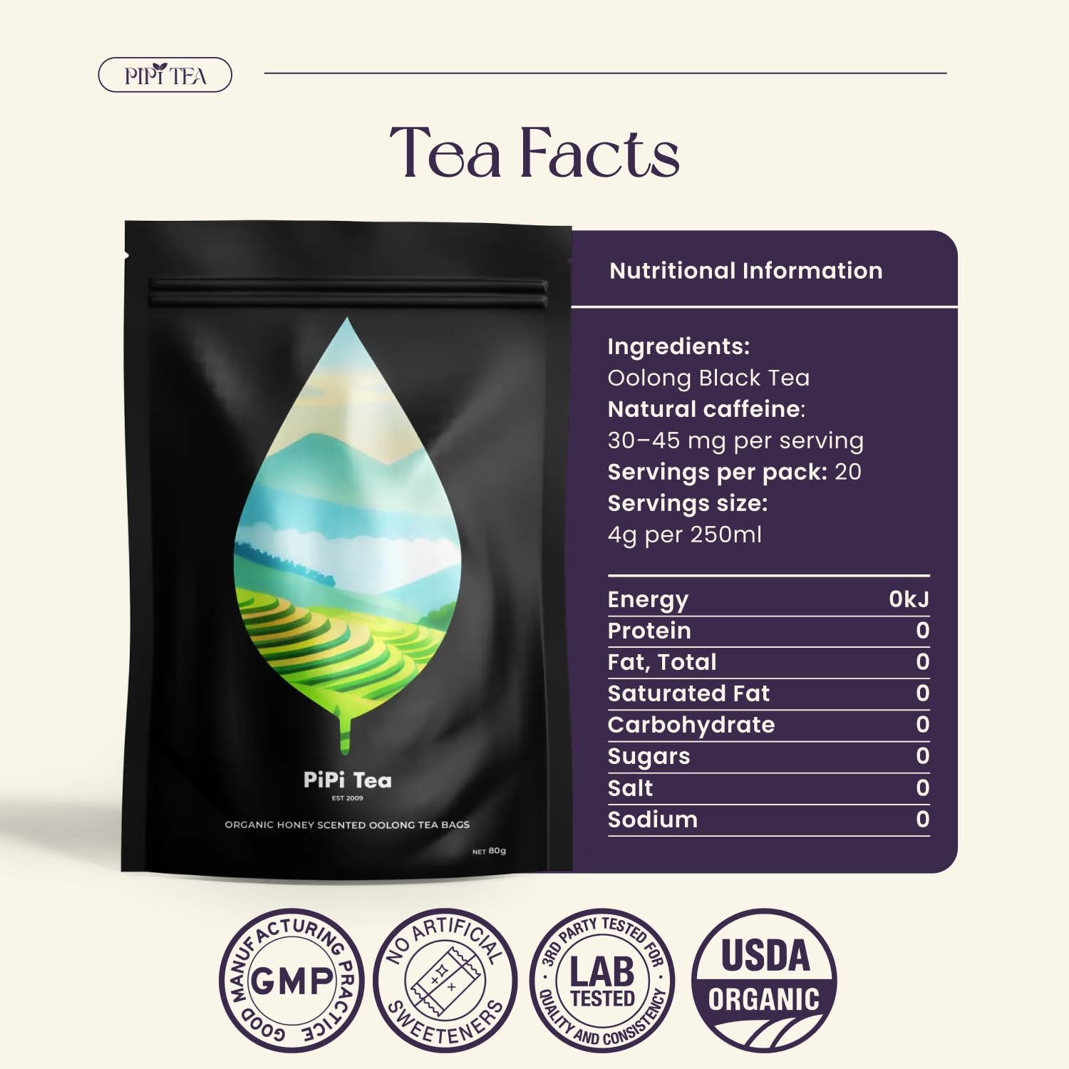 PiPi Tea Organic Oolong Tea Bags–Whole Leaf, 20 Bags(4g Each)–Cortisol & Calming