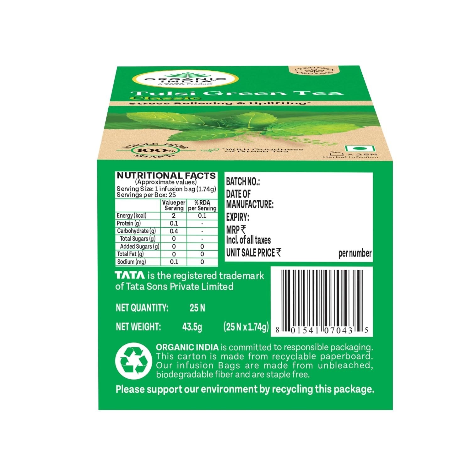 Organic India Tulsi Green Tea 25 Tea Bags Antioxidant Rich Herbal Blend