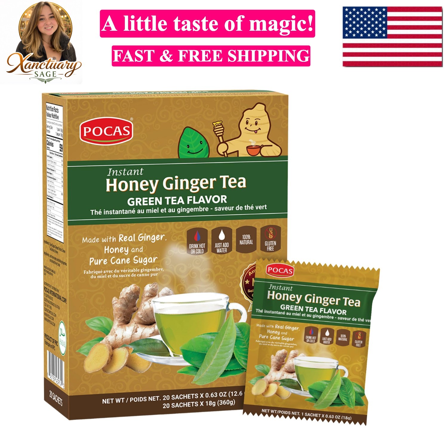 Honey Ginger Instant Tea Powder, Green Tea Flavor, Ginger Extract & Real Swee…