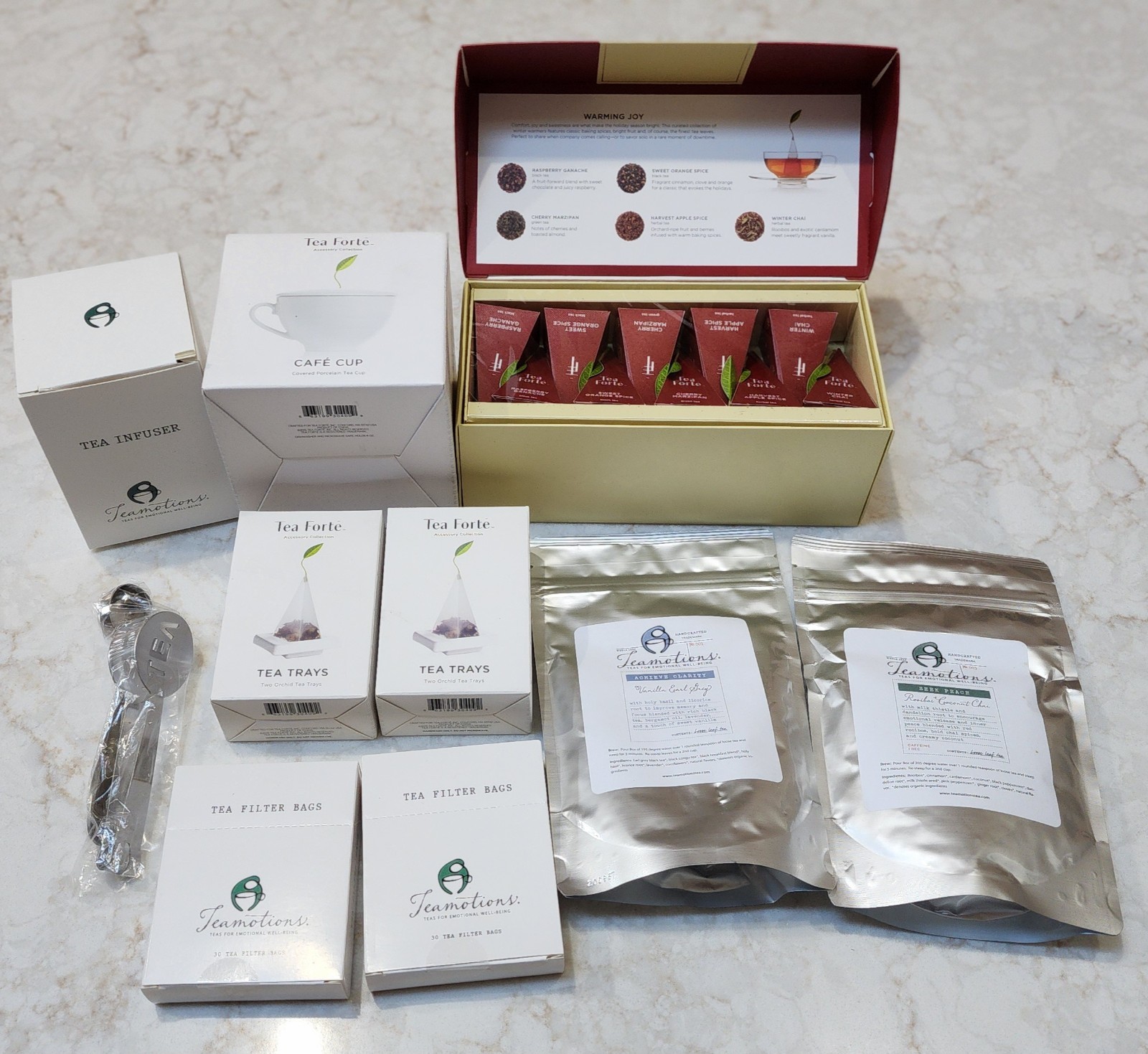 Tea Forte Gift Set 1 Cafe Cup 2 Tea Trays , Infuser, 60 Filter Bags, Warming Joy