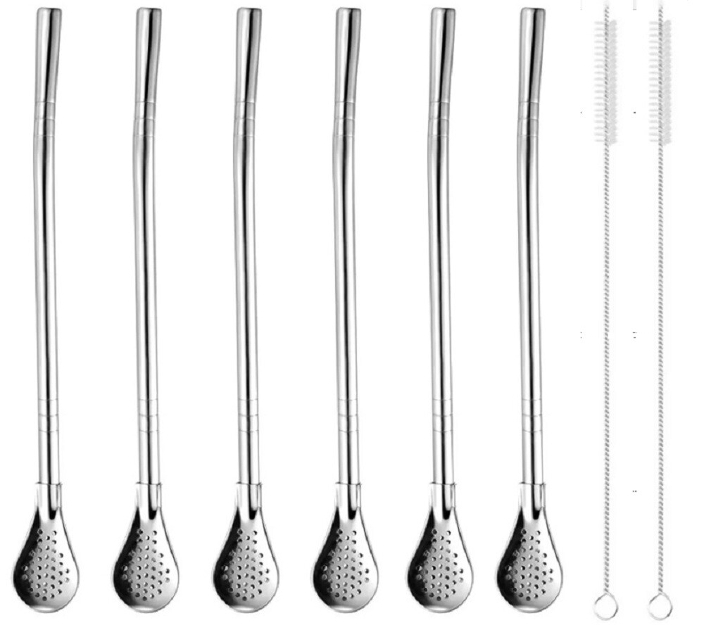 6 Reusable Stainless Steel Drinking Straw Set w Filter Spoon & 2 Cleaning Brush