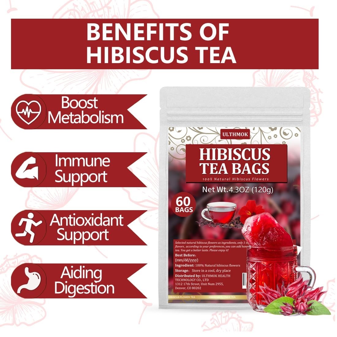 Hibiscus Tea 60Bags Natural Dried Hibiscus Flower Support Digestion Herbal Tea