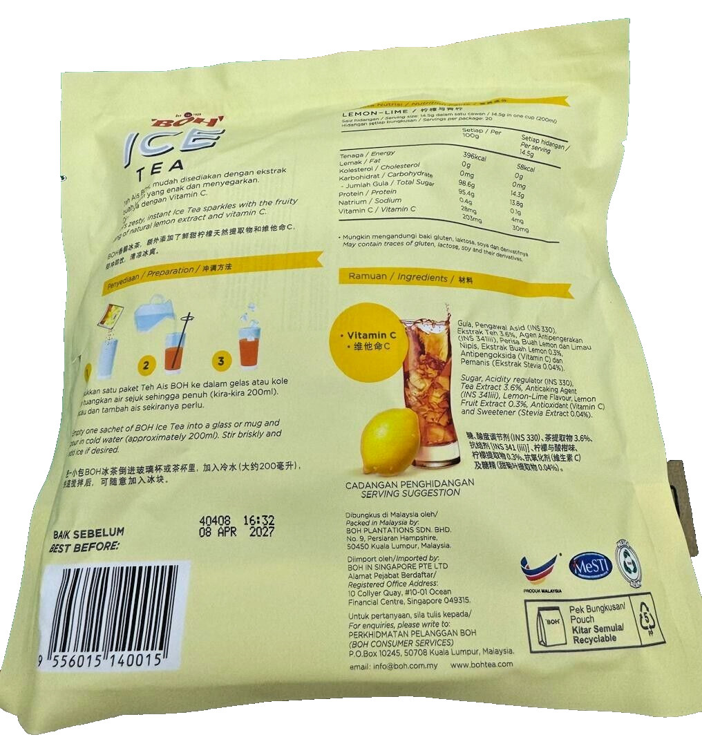 Boh Ice Tea Instant Mix Lemon Lime Flavour Vit C L/Sugar 20s x 14.5g – 1 Pack