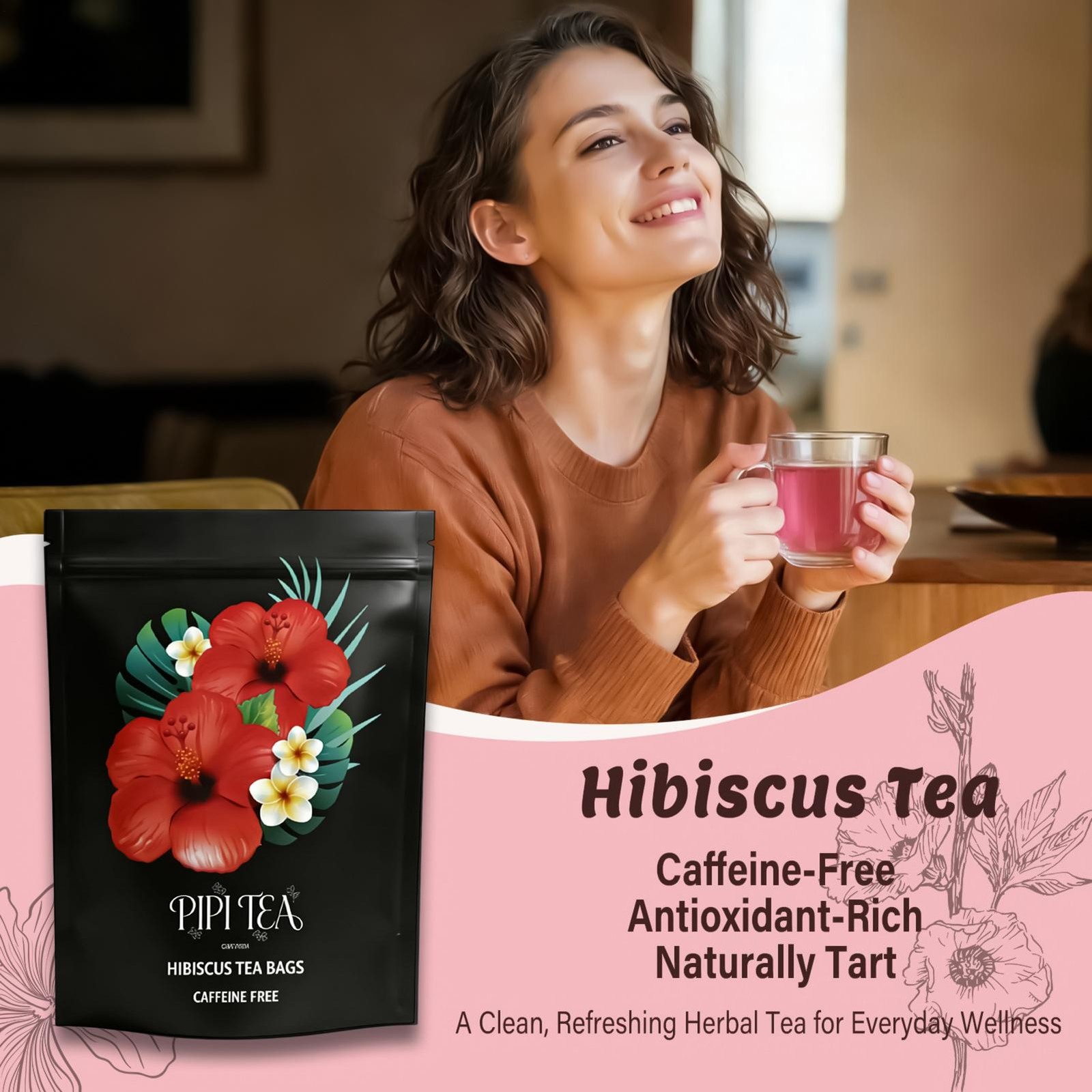 PiPi Tea Organic Hibiscus Tea Bags – Caffeine Free Herbal Tea Rich in Antioxi…