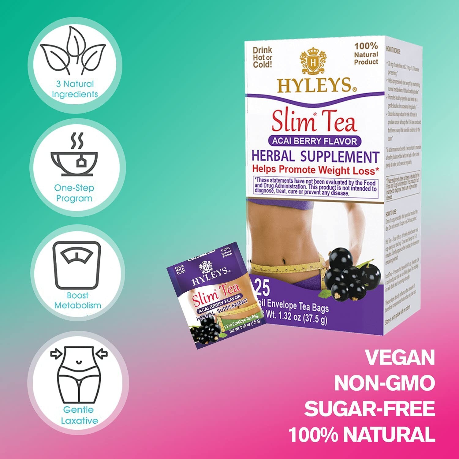 HYLEYS Slim Green Tea ACAI BERRY 50 Tea Bags Helps Promote Weight Loss
