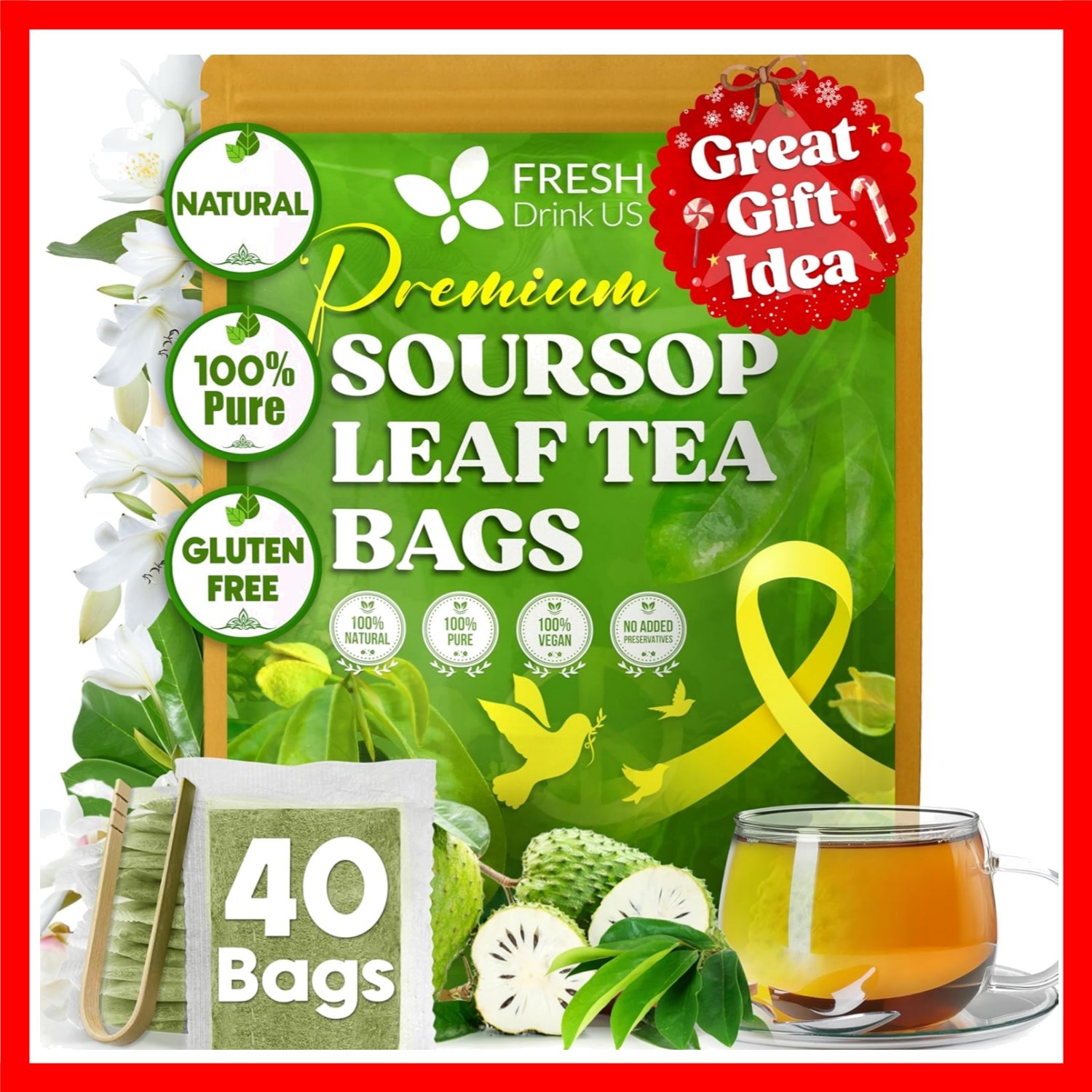 40 Soursop Graviola Leaf Tea Bags, 100% Natural and Pure from Soursop Leaves…