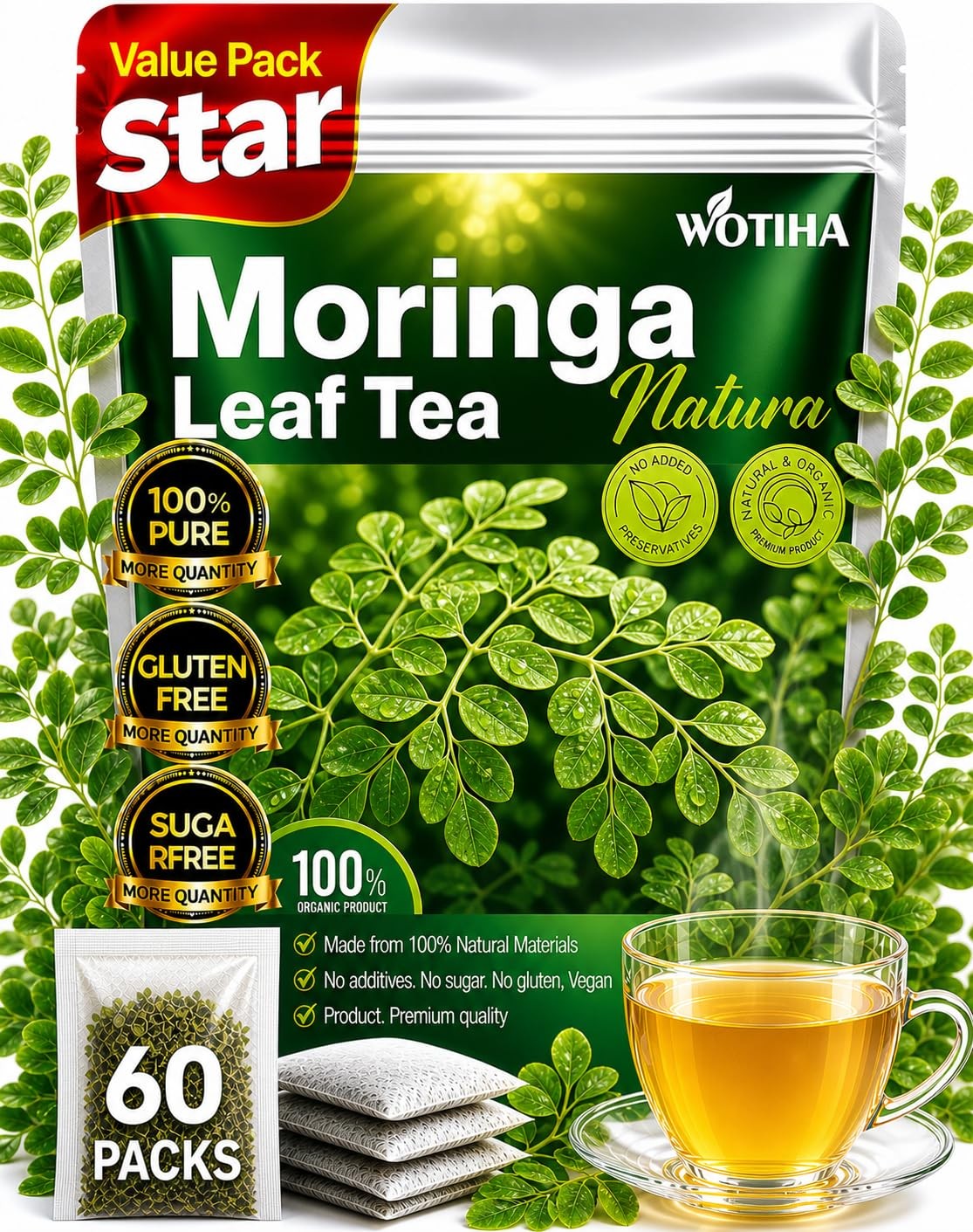 Moringa Tea Herbal Bags, 60 Count,100% Pure & Natural Moringa Leaves, Cultiva…