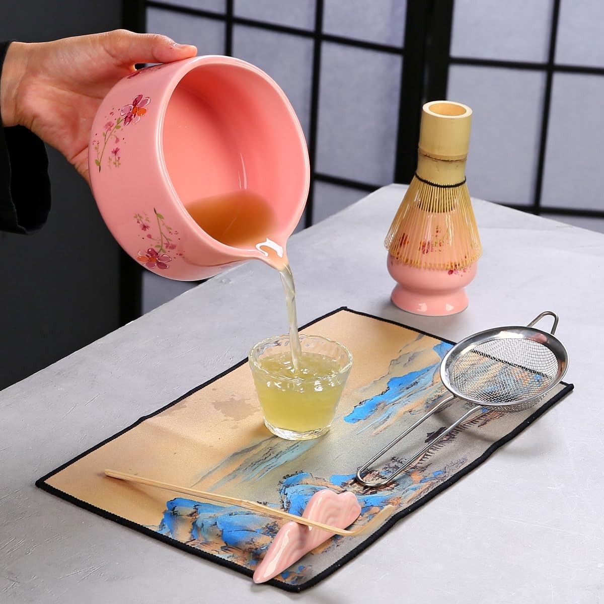 Matcha Whisk Set 7 Piece Pink Kit With Scoop Strainer Bamboo Traditional Tool