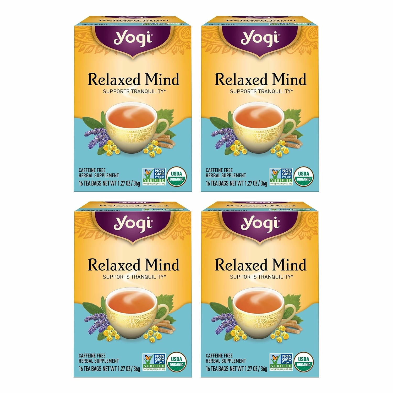 Yogi Tea Relaxed Mind Tea – 16 Bags per Pack (4 Packs) – Relaxing, Calming Organ