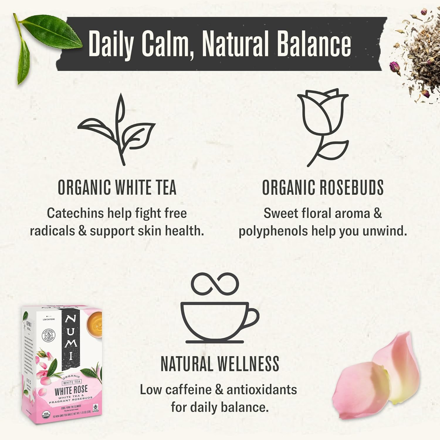 Numi Organic Tea White Rose, 16 Count Box of Tea Bags (Pack of 3) White Tea