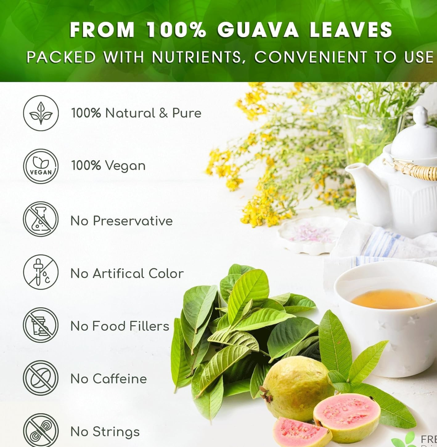 60 Tea Bags Dried Guava Leaf Tea Caffeine-Free, Sugar-Free, Gluten-Free