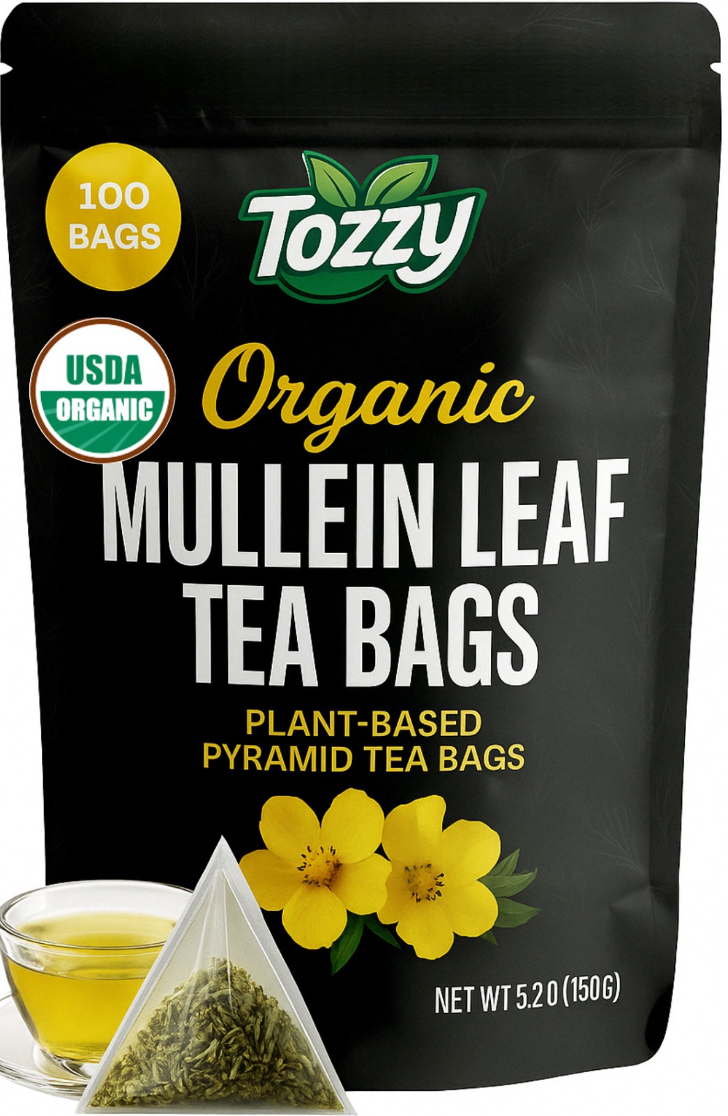 Organic Mullein Leaf Tea Bags 100 Count Plant-Based Pyramid Tea Bags