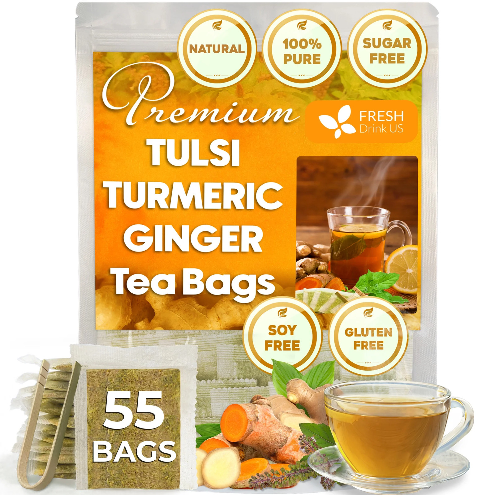 FreshDrinkUS, Premium 55 Tulsi Turmeric Ginger Tea Bags, 100% Natural & Pure fro