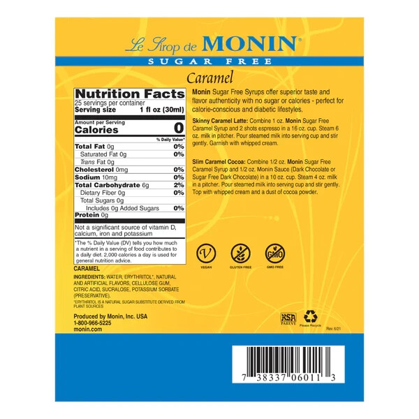 Monin Sugar Free Caramel Syrup (750mL), H-Caramel-sf